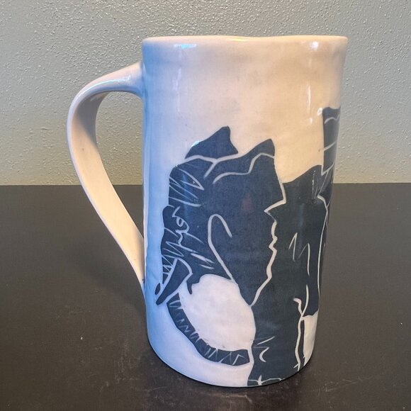 Handcrafted  Embossed Elephant Pottery Mug with Sgraffito Style Woodcut Look - Picture 9 of 10